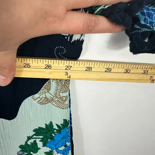 Denim 24/7 Peasant Blouse Women 3X Tie Neck Boho Floral Patchwork Cottage Artsy Blue