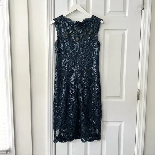 Tadashi Shoji Teal Sequin Illusion Sheath Knee Length Pailette Cocktail Dress 8