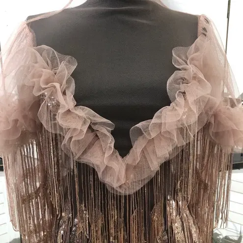Bella Barnett Mini Dress Tassel Sequined Mesh Fringe Rose Pink Small NWT