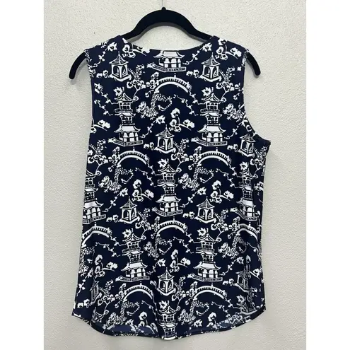Jude Connally Ali Tank Top Large Chinoiserie Navy Sleeveless Non Wrinkle Stretch Blue