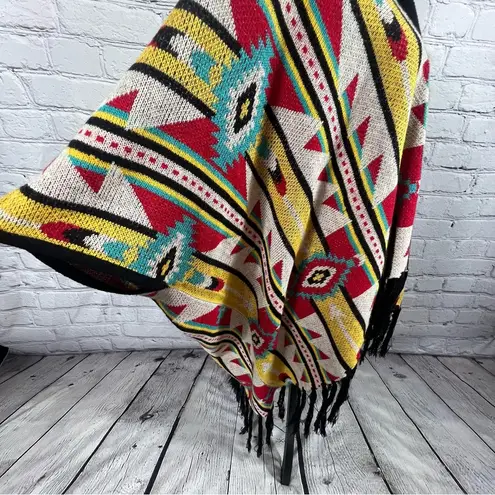 Rock & Roll Cowgirl Multi Color Aztec Print Fringed Poncho/Shrug Size S (B17)