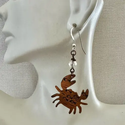 Handmade Copper Crab Earrings with Etched Fish & Crystal Beads