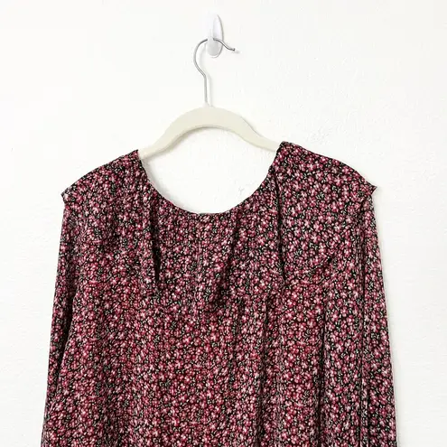 Loft [] Red Black Floral Print Ruffle Neck Long Sleeve V-Neck Blouse Size Large L