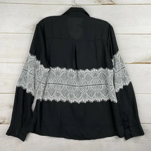 Simply Couture Top Womens S Black White Lace Button Up Long Sleeve Lightweight