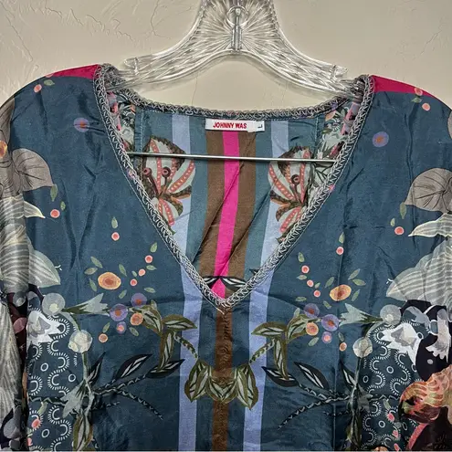 Johnny Was Aran Georgia 100% Silk Floral Boho Ruched Sleeves Tassel Trim Top