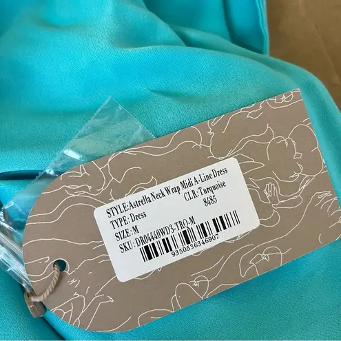 Meshki Astrella Neck Wrap Midi A Line Dress in Turquoise