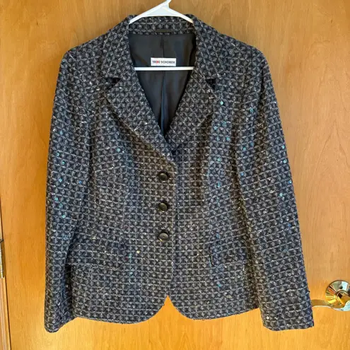 Trixi Schober Womens Sequined Tweed Blazer Jacket Gray Blue Size 14