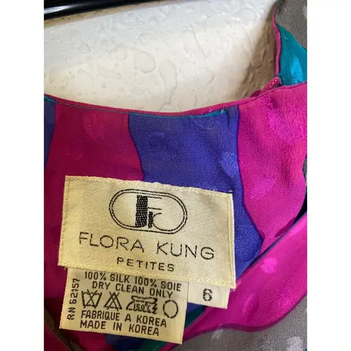 Vintage Flora Kung Silk 1980s Abstract Colorblock Granny Shift Dress Sz 6 Petite Blue