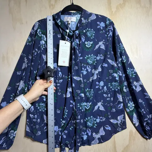 Vanessa Williams Bow Blouse NWT Size Small Blue Crane Floral Print Long Sleeve