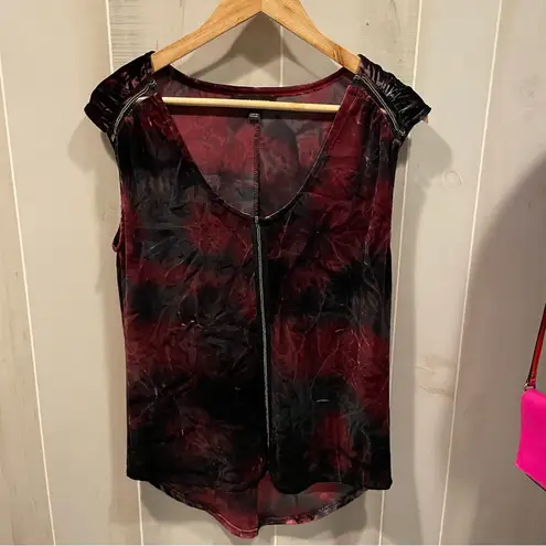 Rock & Republic Cute burgundy black crushed velvet stretchy mesh metallic trim top Y2K oversized