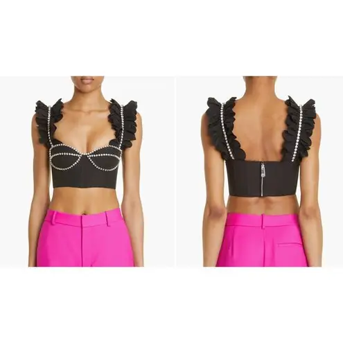 AREA Crystal Embellished Ruffle Bustier Top in Black Size 4 NWT