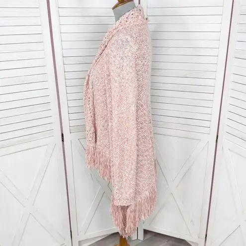 New York & Comp Fringe Hem Chunky Knit Open Cardigan Sweater Pink Medium Boho