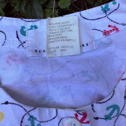 Vtg Sunbay Cotton Petites Button Up Top Nautical Anchor Print White Short Sleeve