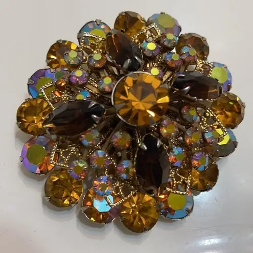 Vintage Brown And Aurora Borealis Rhinestone Brooch