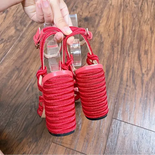 CAbi  • Tiptoe Sandals rope braided heel chunky block Hibiscus Red coral