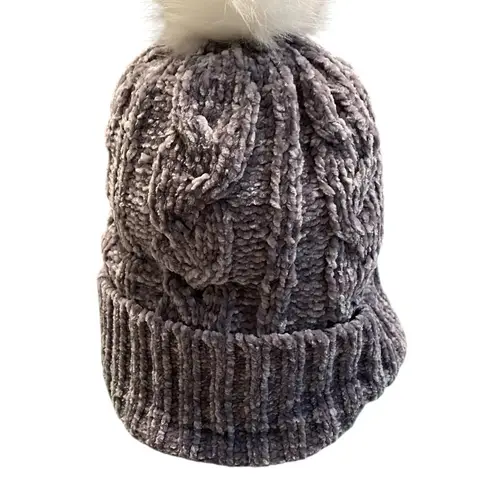 Soft Surroundings  Grey Chenille Knit Beanie Faux Fur Lined Pom Pom Top