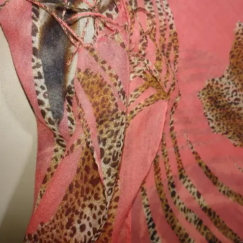 Animal Print Coral Scarf With Zebra Leopard Patterns Light Sheer Fabric Fringe Brown