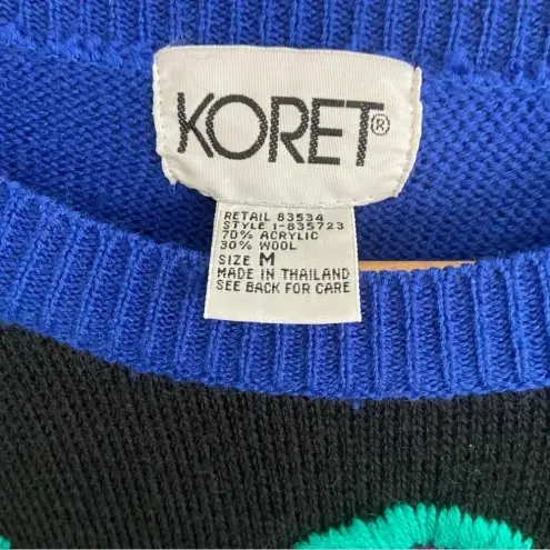 Vintage Koret Sweater Bright Flowers Green‎ Blue Black Size Medium Wool Blend