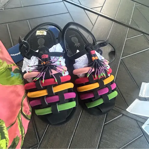 Farm Rio NEW Black Rainbow Beaded vegan sandals with dust bag size 9 tassels
