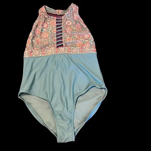 Unbranded one piece swimsuit turquoise on the bottom w/ flowery print on top EUC Size L