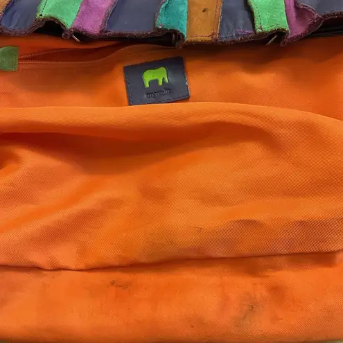 MYWALIT Crossbody Drawstring Stripe Purple Orange Green Leather Suede Purse Bag