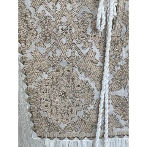 SUNDANCE Palace Pathway Tunic Ivory Gold Embroidered Tassel Tie Lace