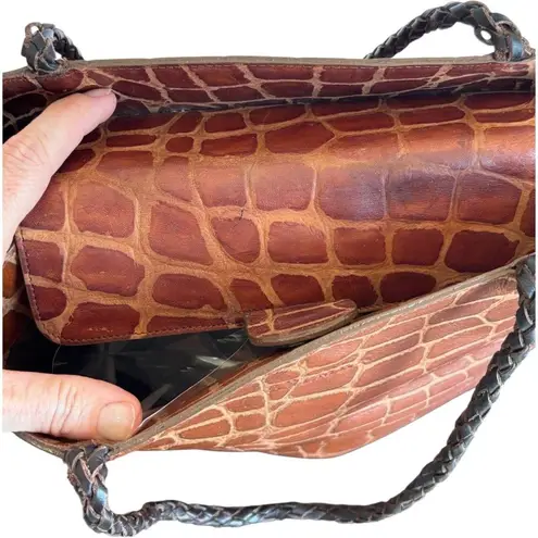 Arnold Palmer Vintage Leather Tote Bag Brown Croc Embossed Purse Braided Straps