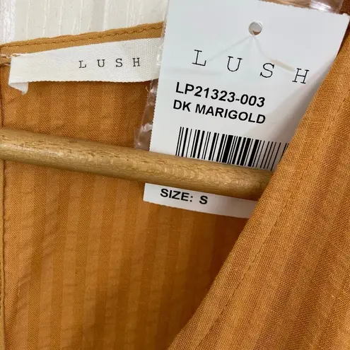 Lush Clothing New Ruffled keyhole back romper by Lush, small V-neck mustard yellow gold stripe