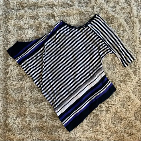Y2K Early 2000s White/Blue Striped Asymmetrical Escada Thin Light Weight Top Blue Size L