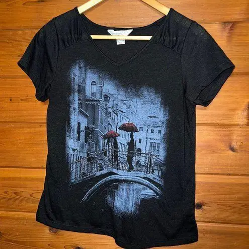 Christopher & Banks  Black Umbrella Tee Shirt Top Petite Medium