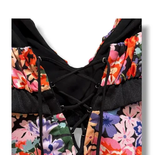 For Love & Lemons Floral Cutout Mini Dress Lace Trim Corset Back Y2K Babydoll S Black