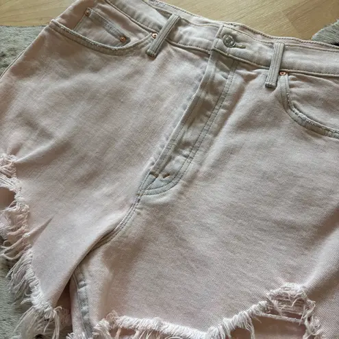 MOTHER Ultra High Waisted Tomcat Kick Fray Denim Shorts Washed Light Pink 29