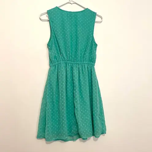 VANITY Aqua Seafoam Green Blue Swiss Dot Textured Mini Surplice Faux Wrap Dress Size M
