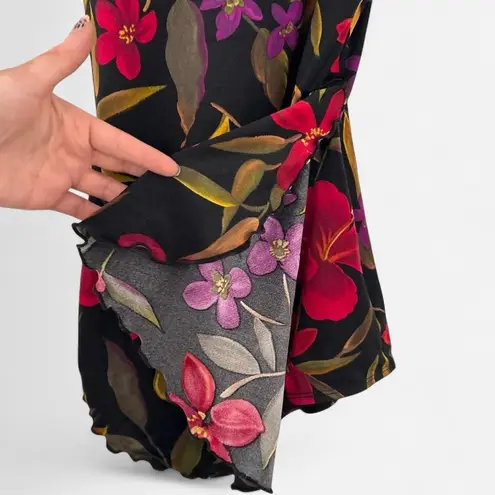 Vintage black 80s floral tropical ruffle skirt one piece swimsuit size 14 Large Red