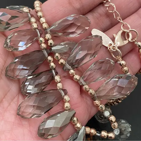 Ny Collection NY Signed Smoky Quartz Briolette Cut Teardrop Rose Gold-tone Beaded 18” Necklace