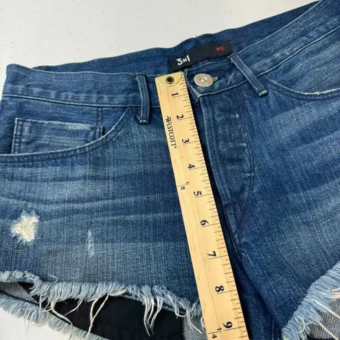 3x1  Women's Mid Rise Distressed Denim Shorts Raw Hem Blue Size 25