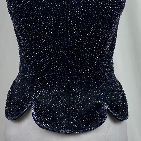 Oleg Cassini Black Tie Navy Beaded Whimsical Formal Evening Top Vintage Size 8