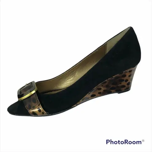 Joan & David Luxe CJ Shayna Wedge Heels Black Suede Animal