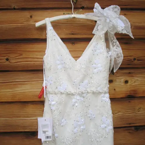 Mac Duggal 79337 Womens White FLORAL EMBELLISHED V-NECK MIDI DRESS SHOULDER BOW