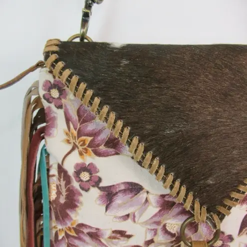 MYRA Altres Small Floral Crossbody Bag Boho Fringe Canvas Hairon Leather Purse Brown