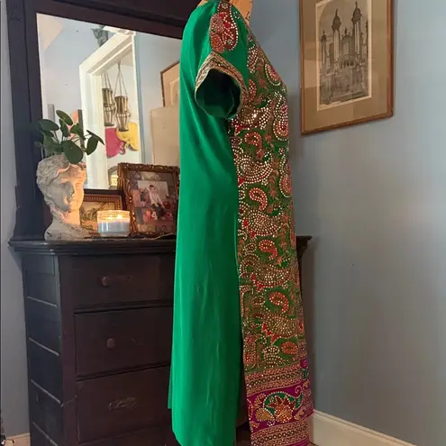 Handmade Boho Green Multicolored Embroidered Mirrored Paisley Print Midi Dress