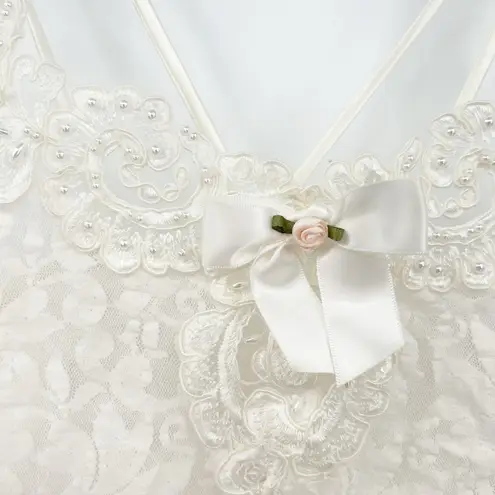 California Dynasty Vintage Lingerie Coquette Beaded Sheer Lace Bodysuit Size S White