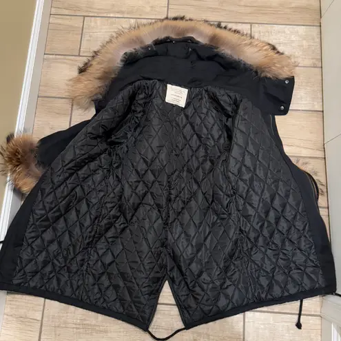 Raccoon Fur Flare Sleeve Parka Coat Jacket Winter Coat Trench Puffer Hooded Coat Black Size M