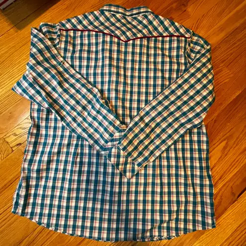 Bit & Bridle Teal Plaid Western Shirt Pearl Snap Pearl Snap Pockets Women XL