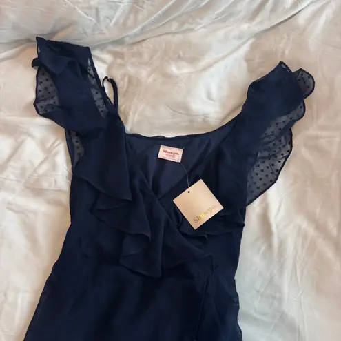 NWT Showpo About You Midi Dress Navy Blue Ruffle Faux Wrap Women’s Size S / 4