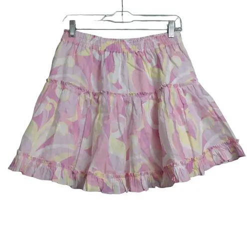 Hill House The Paz Skirt Mini Candy Kaleidoscope Pink Linen Ruffle L New