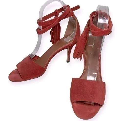 Yvonne Kone Women’s Size 38 7.5 Red Suede Wrap Tassel Ankle Open Toe Pumps Heels