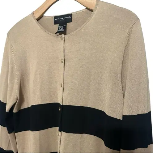 August Silk Women’s Size M Black Camel Tan Striped Silk Knit Sweater Cardigan