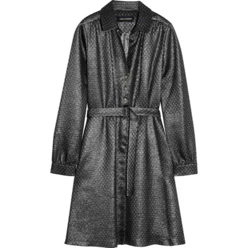NEW Vanessa Seward Silk Gunmetal Silver Metallic Robe Cherry Belted Dress Small