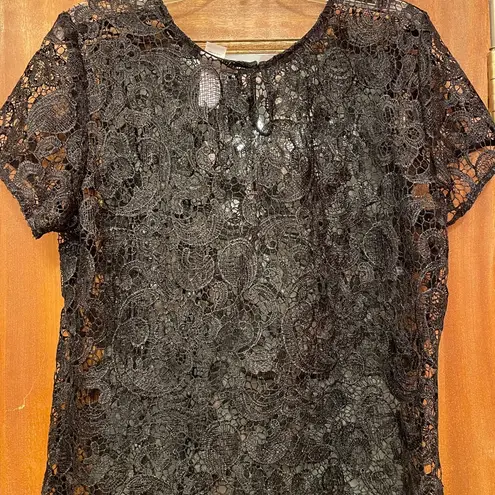 Bisou Bisou Women Black Crochet Mesh Lace SS Blouse Top Shirt XL